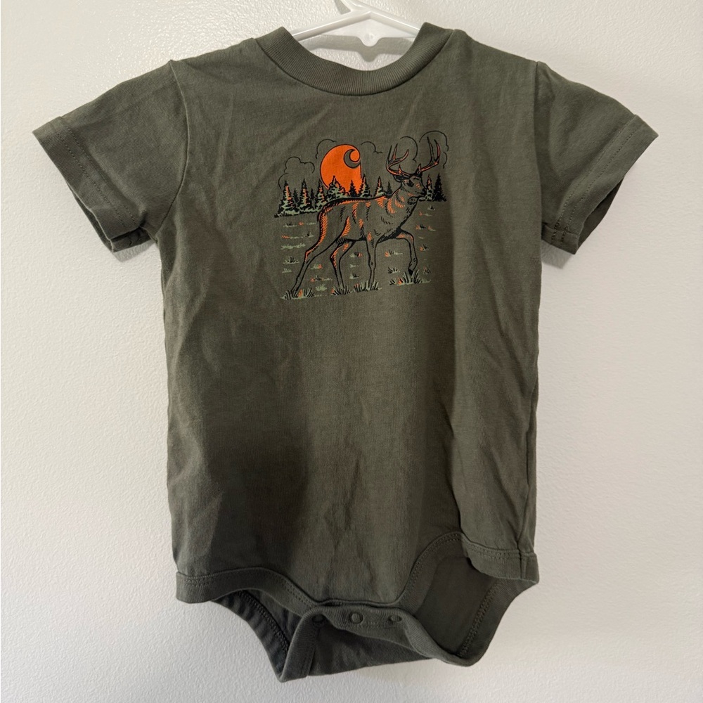 Carhartt Olive Green Deer Graphic One-Piece Bodysuit with Orange Moon
